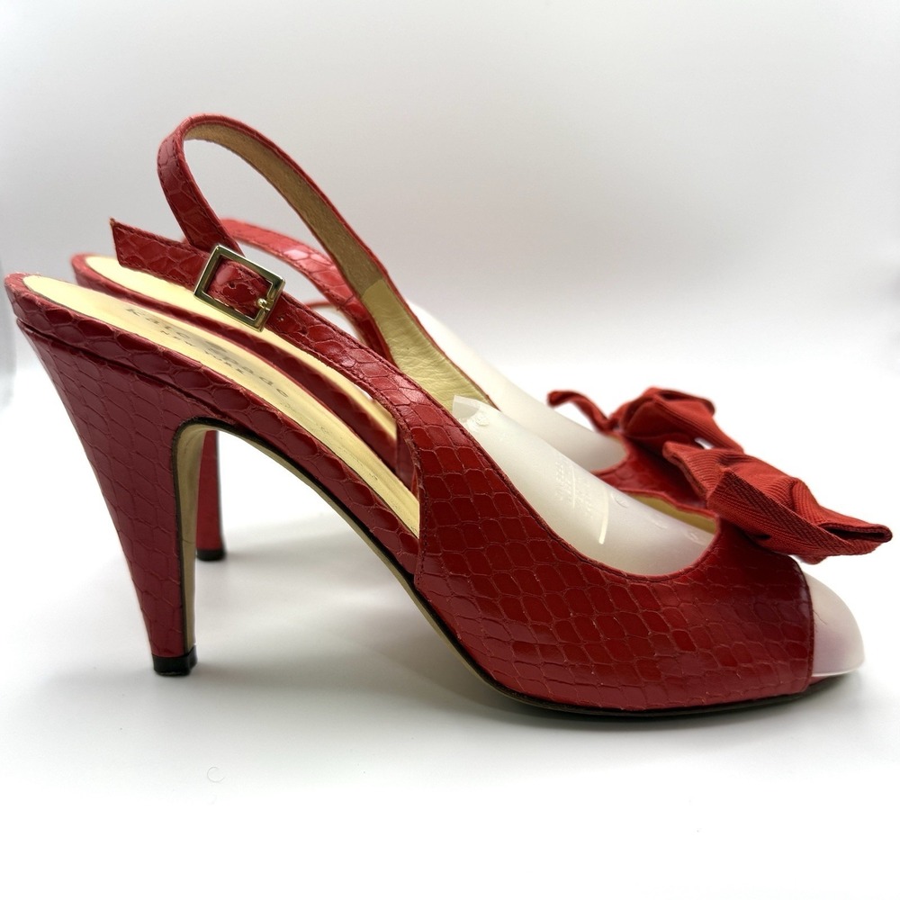 Kate Spade Bow Slingback Heels shoes Red 8.5 Girly Crocodile Embossed Leather
